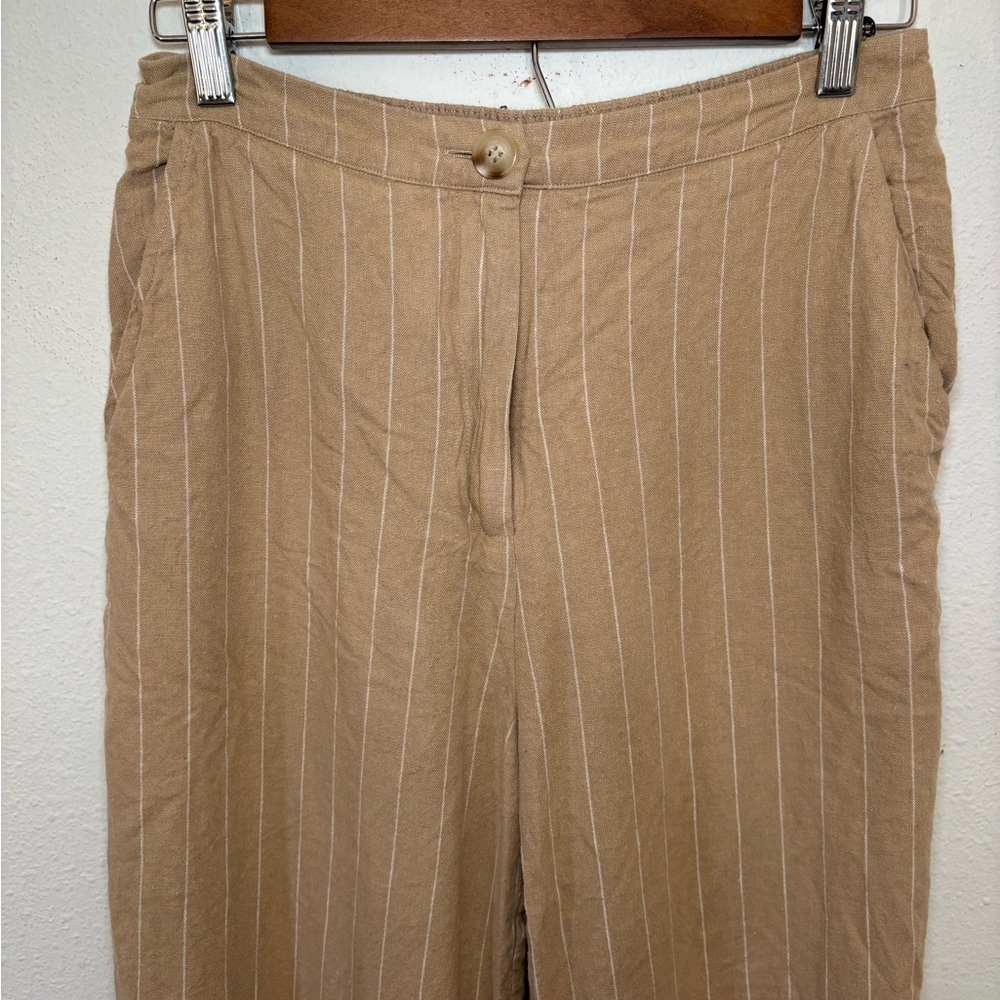 Skies Are Blue Small Tan Linen Cropped High Rise Pin Striped Pants‎ 73976 Latte - Picture 3 of 11